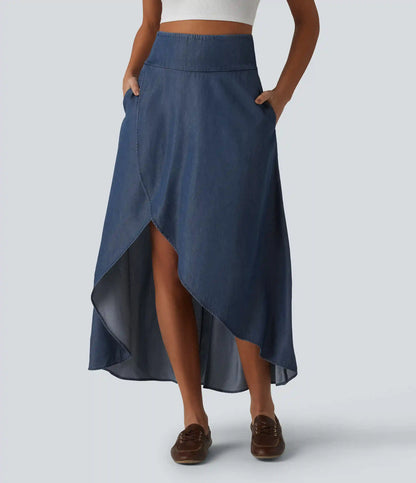 High Waisted Invisible Zipper Asymmetric Hem Midi Draped Lyocell Denim Casual Flowy Skirt with Pockets