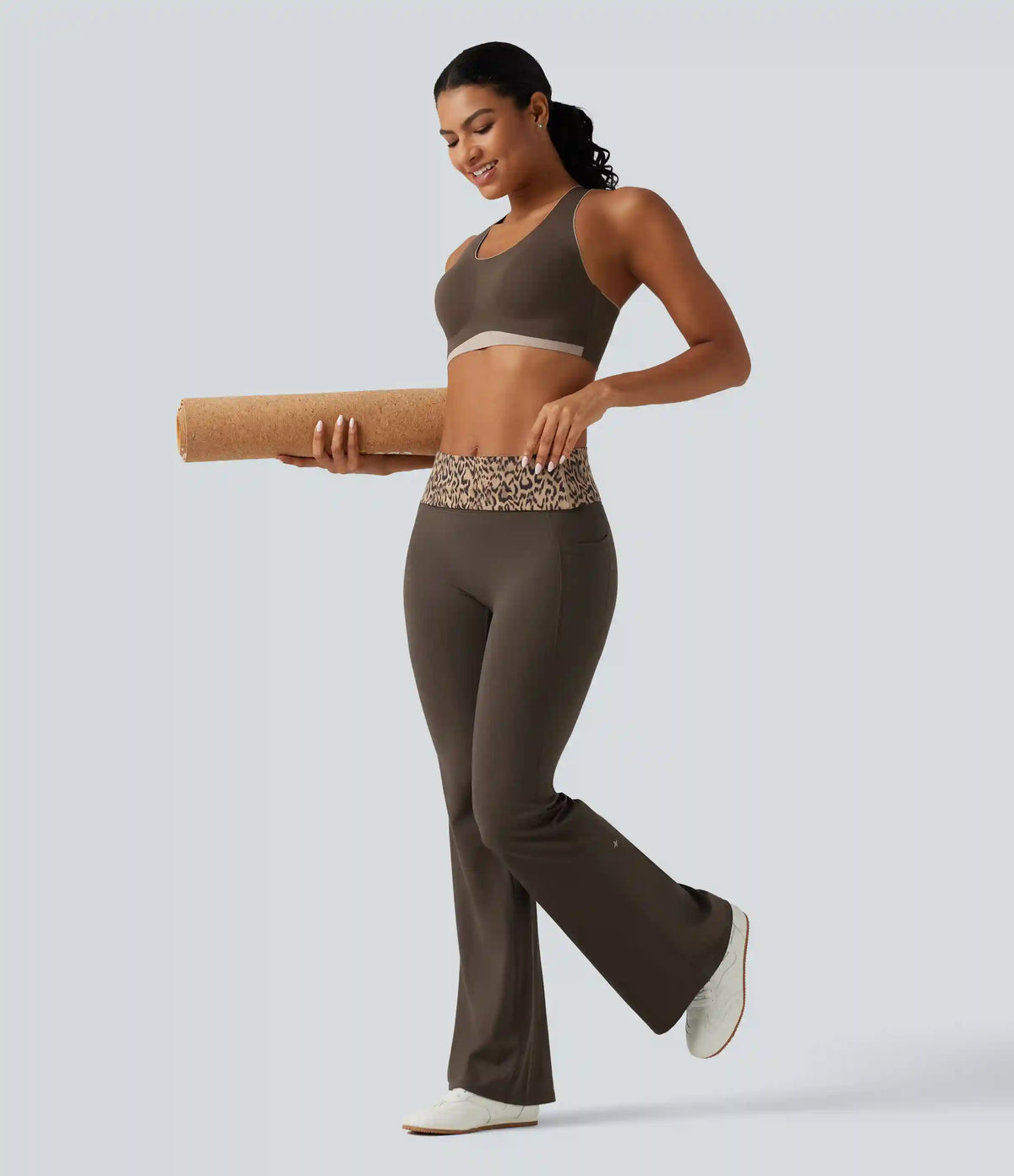 Halara UltraSculpt™ Mid Rise Foldover Tummy Control Leopard Print Flare Yoga Leggings with Pockets