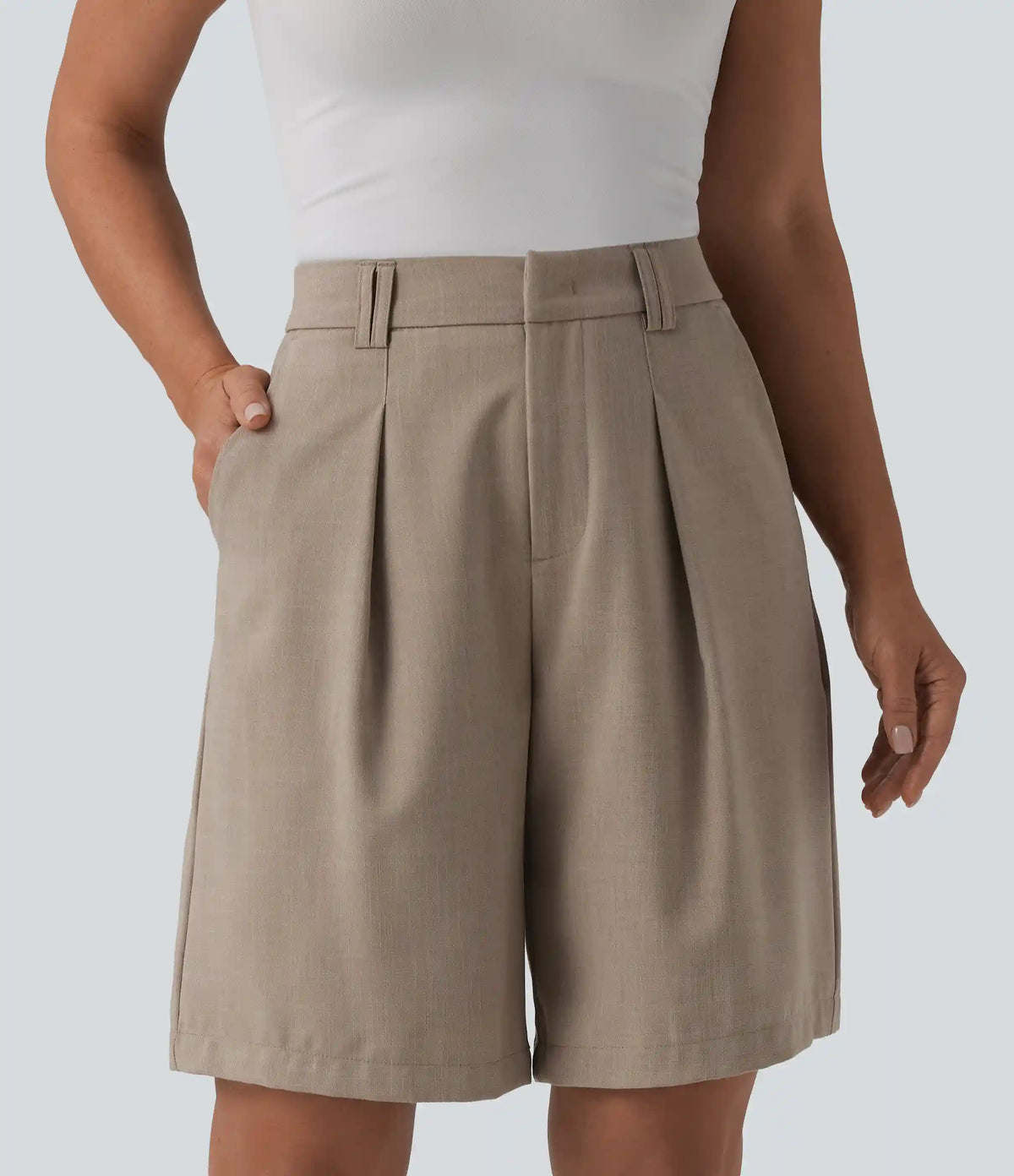 High Waisted Work Linen-Feel Bermuda Shorts with Pockets