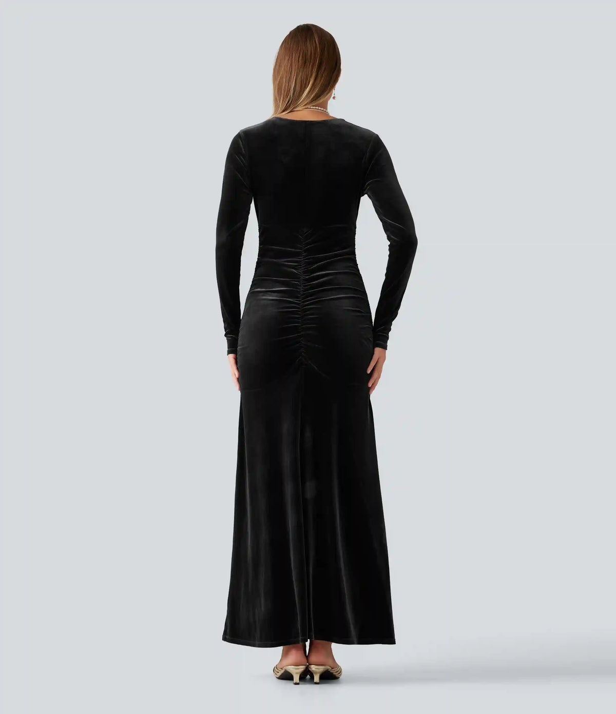 V Neck Long Sleeve Ruched Bodycon Velvet Party Maxi Dress