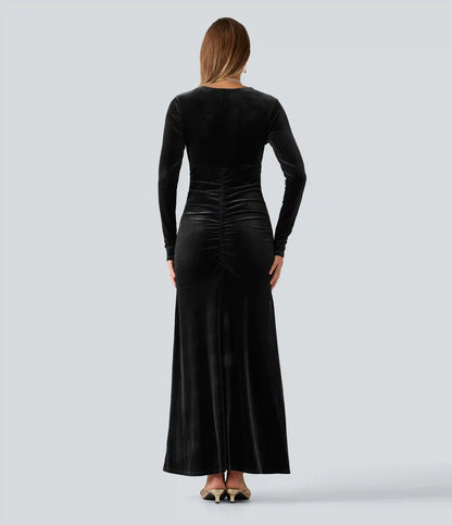 V Neck Long Sleeve Ruched Bodycon Velvet Party Maxi Dress