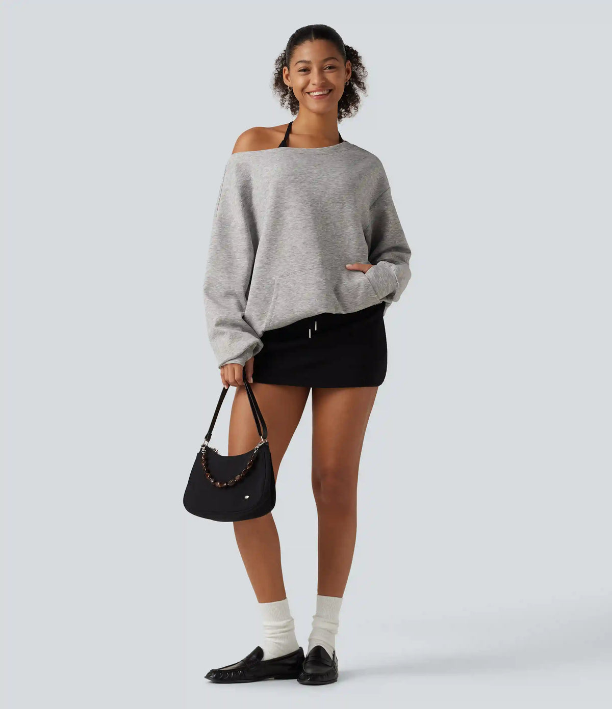 One Shoulder Long Sleeve Pullover Casual Sweatshirt with Pocket and Thumbholes
