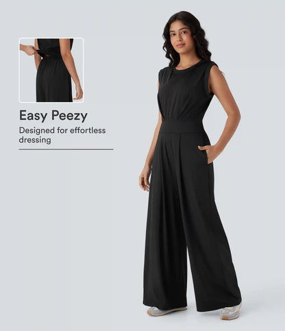 SoftlyZero™ QuickDry Round Neck Sleeveless Keyhole Pocket Yoga Jumpsuit-Easy Peezy Edition