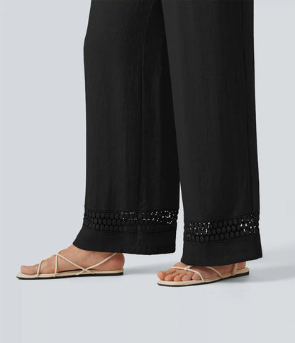 High Waisted Drawstring Casual Linen-Feel Pants with Pockets