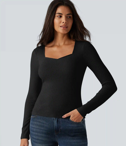 Ribbed Knit Square Neck Long Sleeve Casual Top