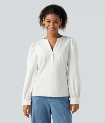 Henley Neck Puff Long Sleeve Casual Blouse
