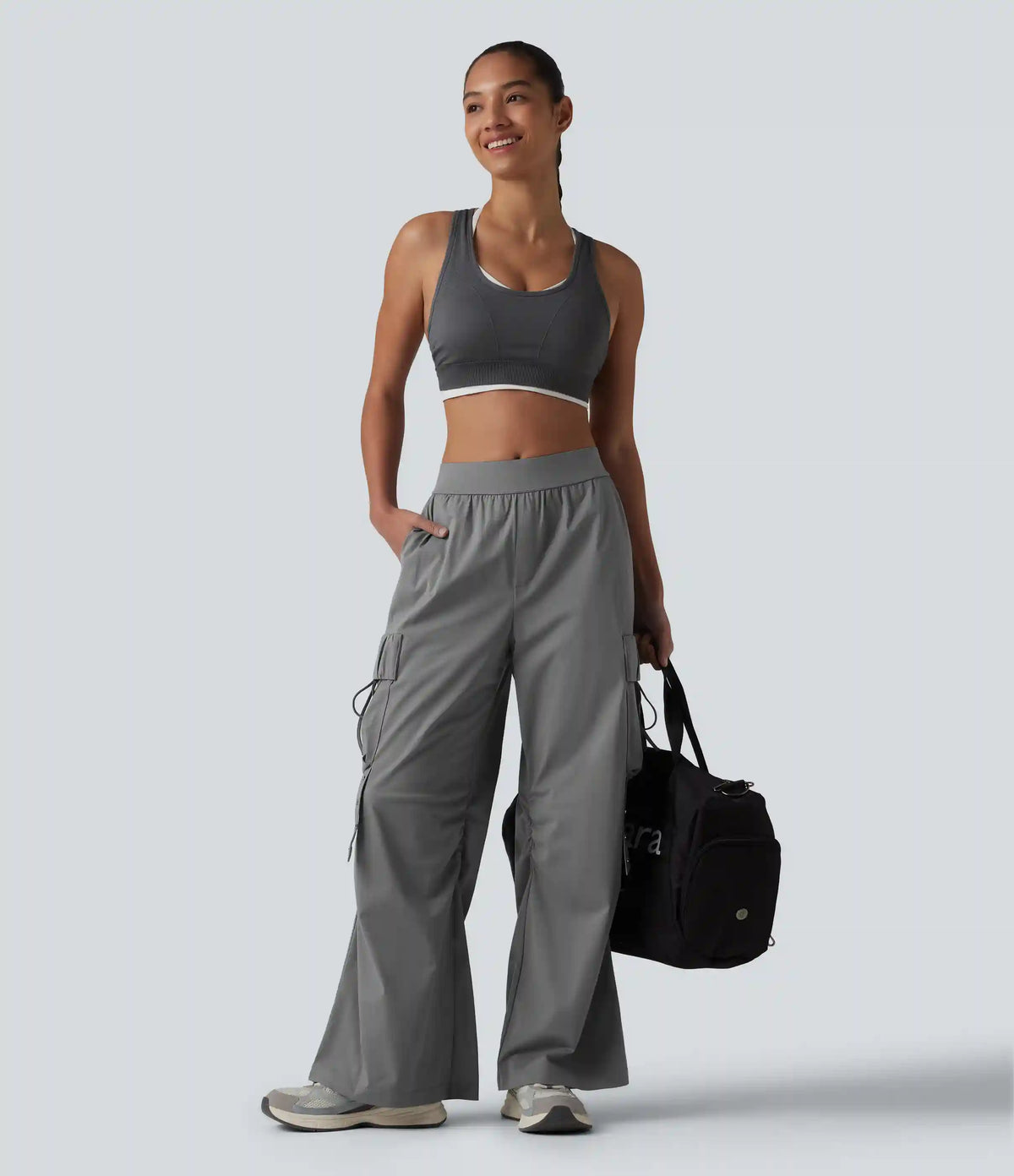 Mid Rise Ruched Tie Workout Cargo Bootcut Pants with Pockets