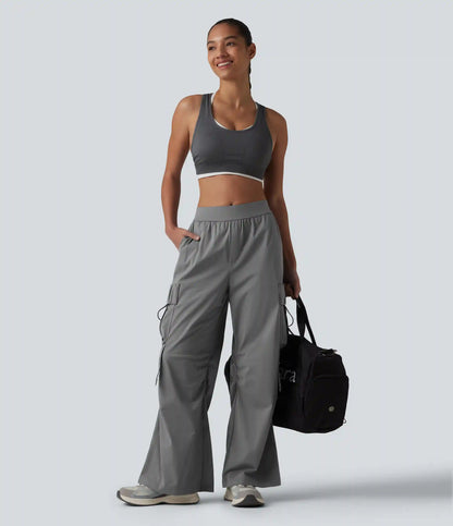 Mid Rise Ruched Tie Workout Cargo Bootcut Pants with Pockets