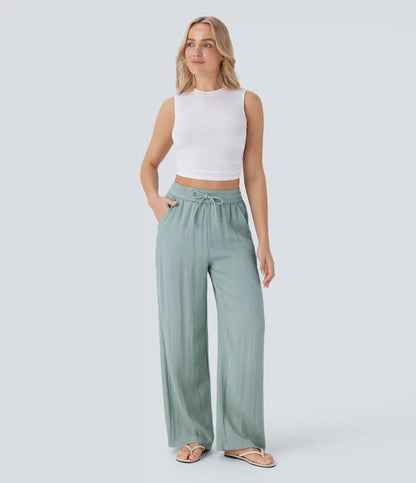 High Waisted Drawstring Pocket Wide Leg Baggy Casual Linen-Feel Pants