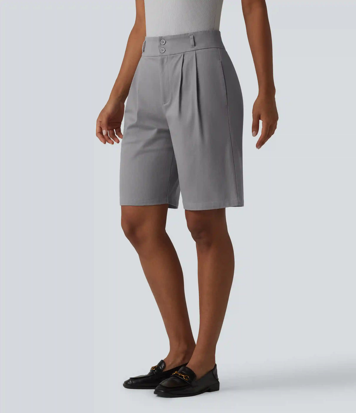 High Waisted Straight Leg Work Chino Cotton Bermuda Shorts with Pockets