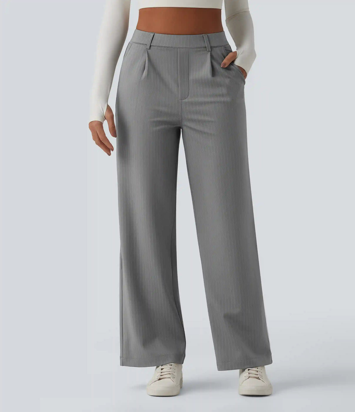 High Waisted Straight Leg Stripe Work Pants with Pockets