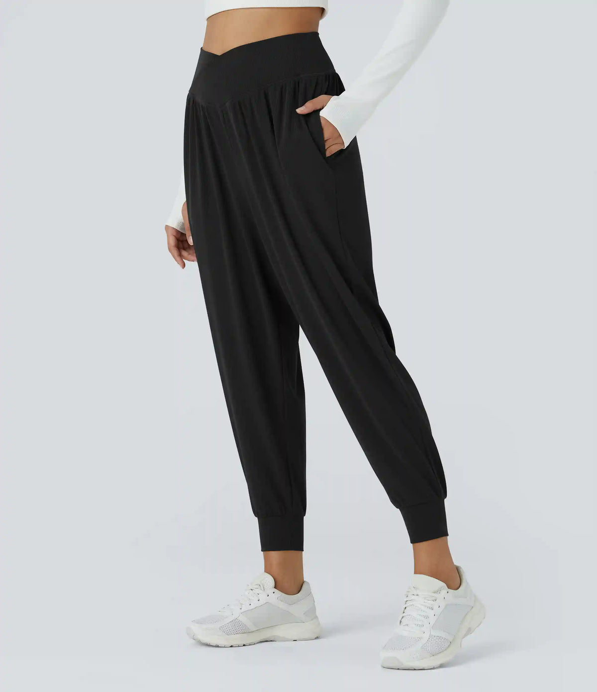High Waisted Crossover Pocket Waffle Yoga Joggers
