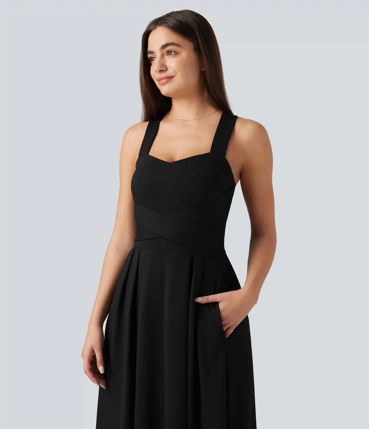 Sweetheart Neck Sleeveless Crisscross Tie-back Maxi Casual Flowy Dress with Pockets