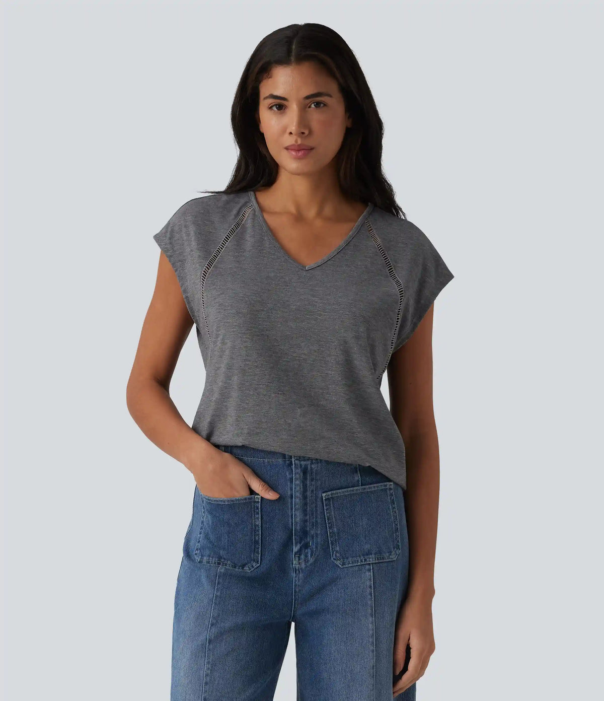 V Neck Batwing Short Sleeve Heathered Casual T-Shirt