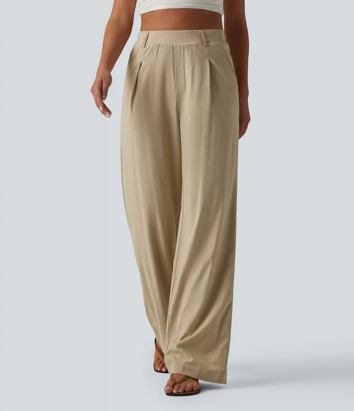 High Waisted Straight Leg Casual Stretch Linen Pants with Pockets
