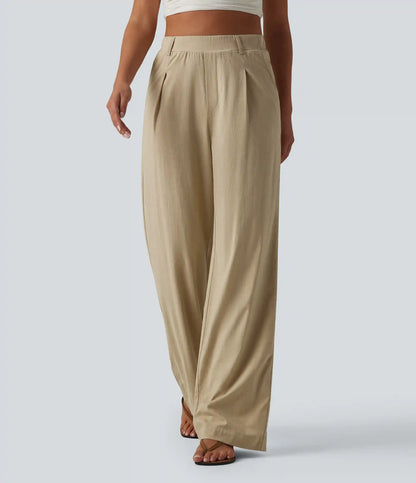 High Waisted Straight Leg Casual Stretch Linen Pants with Pockets
