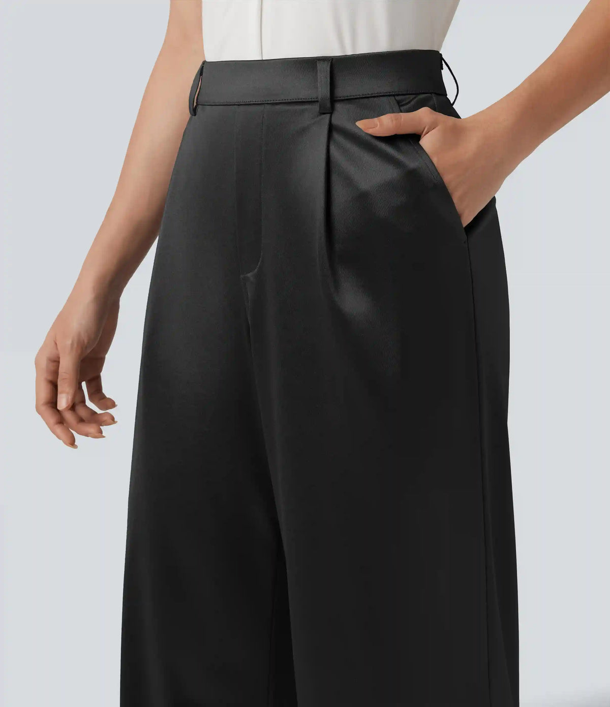 High Waisted Straight Leg Satin Work Pants with Pockets