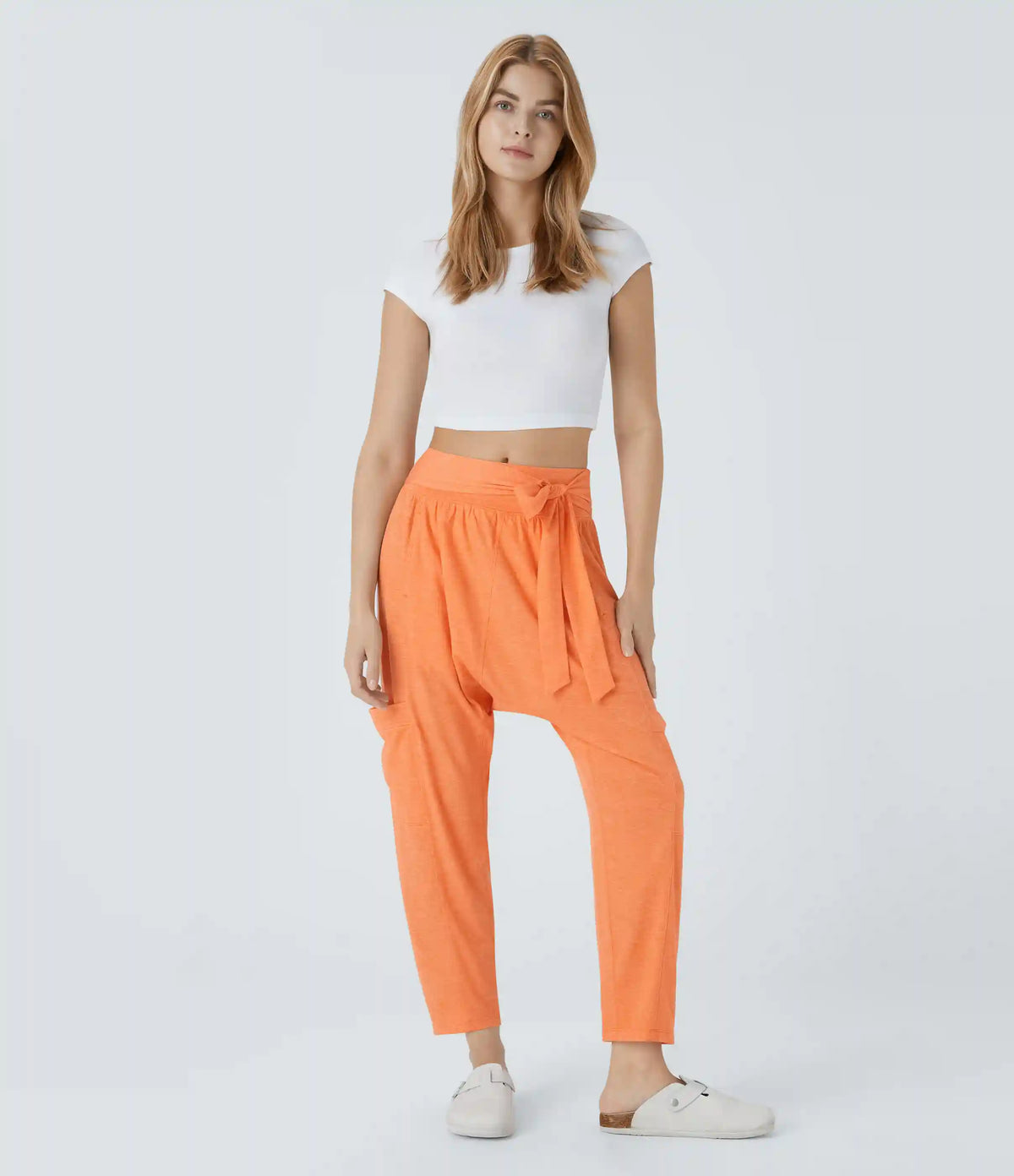 Mid Rise Tie Pockets Casual Harem Pants