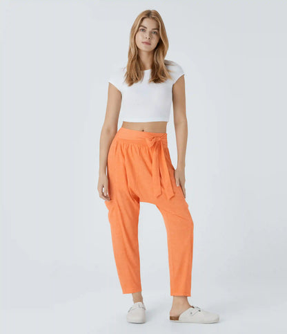 Mid Rise Tie Pockets Casual Harem Pants
