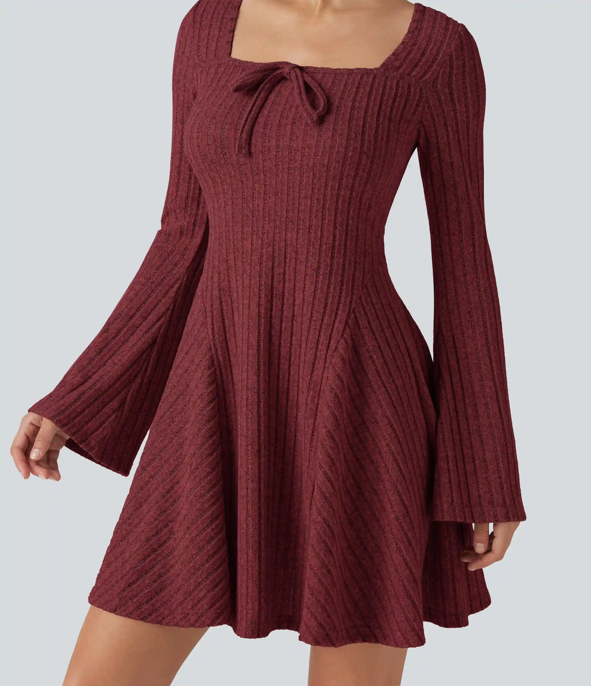 Ribbed Knit Square Neck Flounce Long Sleeve Decorative Knot Flare Mini Casual Dress