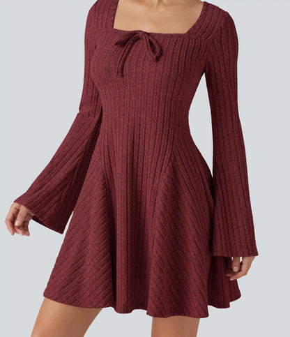 Ribbed Knit Square Neck Flounce Long Sleeve Decorative Knot Flare Mini Casual Dress