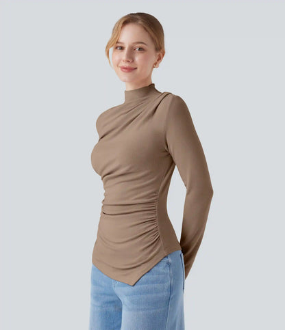 Mock-neck Long Sleeve Ruched Asymmetric Hem Thermal Casual Top