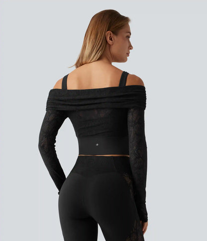 SoftlyZero™ Off Shoulder Long Sleeve Contrast Lace Yoga Sports Top with Built-in Bra