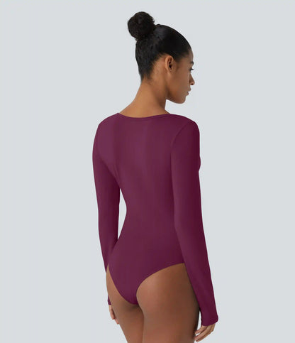 U Neck Long Sleeve Snap Skinny Work Bodysuit