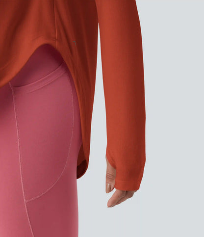 One Shoulder Long Sleeve Thumb Hole Curved Hem High Low Quick Dry Yoga Sports Top-Built-in Bra
