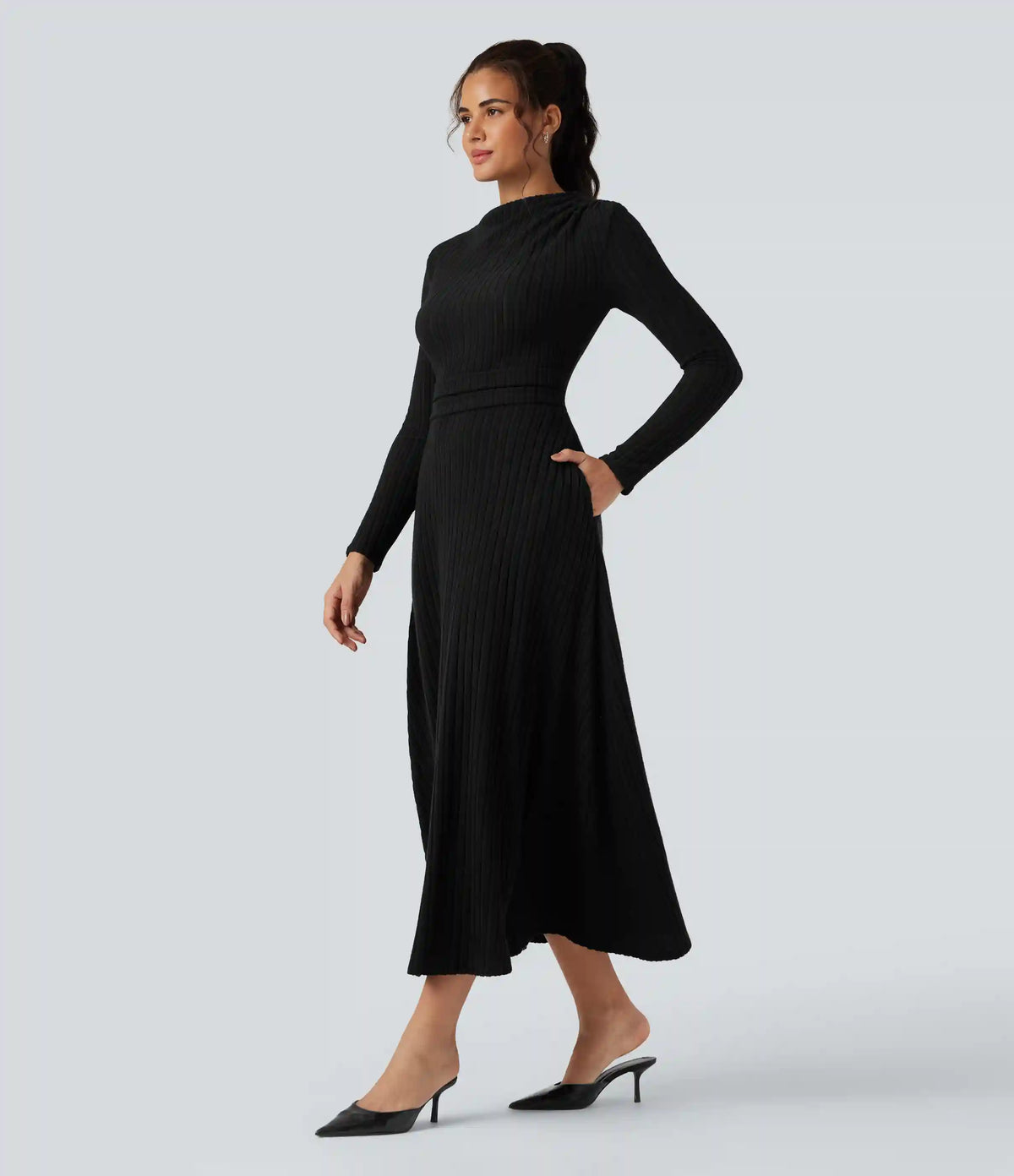 Ribbed Knit Long Sleeve Midi Casual Dress with Pockets