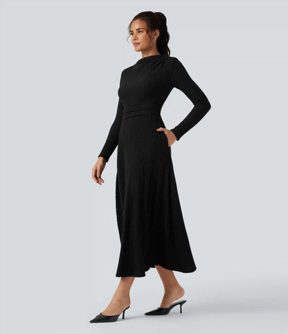 Ribbed Knit Long Sleeve Midi Casual Dress with Pockets