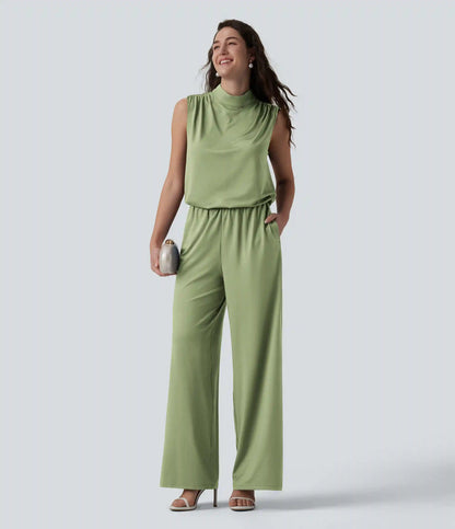Stand Collar Sleeveless Straight Leg Bridesmaid And Wedding Guest Jumpsuit with Pockets-Easy Peezy