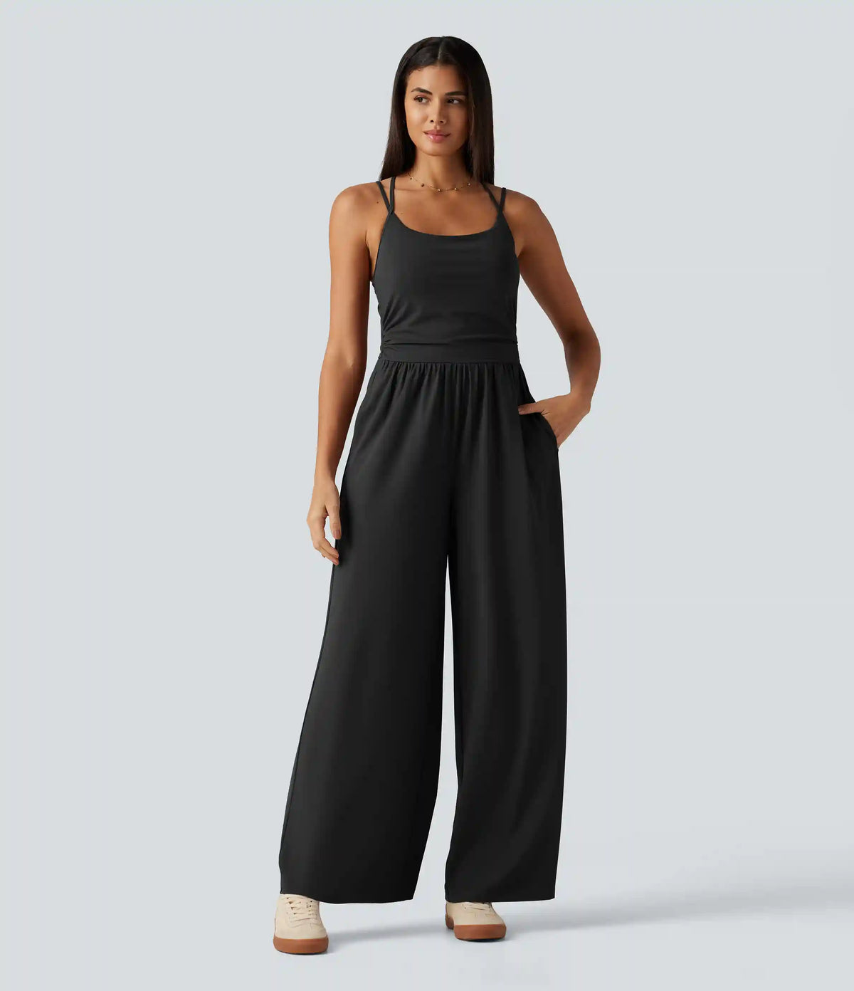 U Neck Sleeveless Crossover Built-in Bra Wide Leg Casual Jumpsuit with Pockets--Easy Peezy