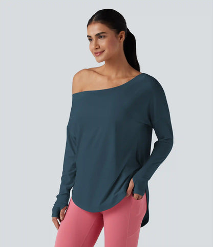 One Shoulder Long Sleeve Thumb Hole Curved Hem High Low Quick Dry Yoga Sports Top-Built-in Bra