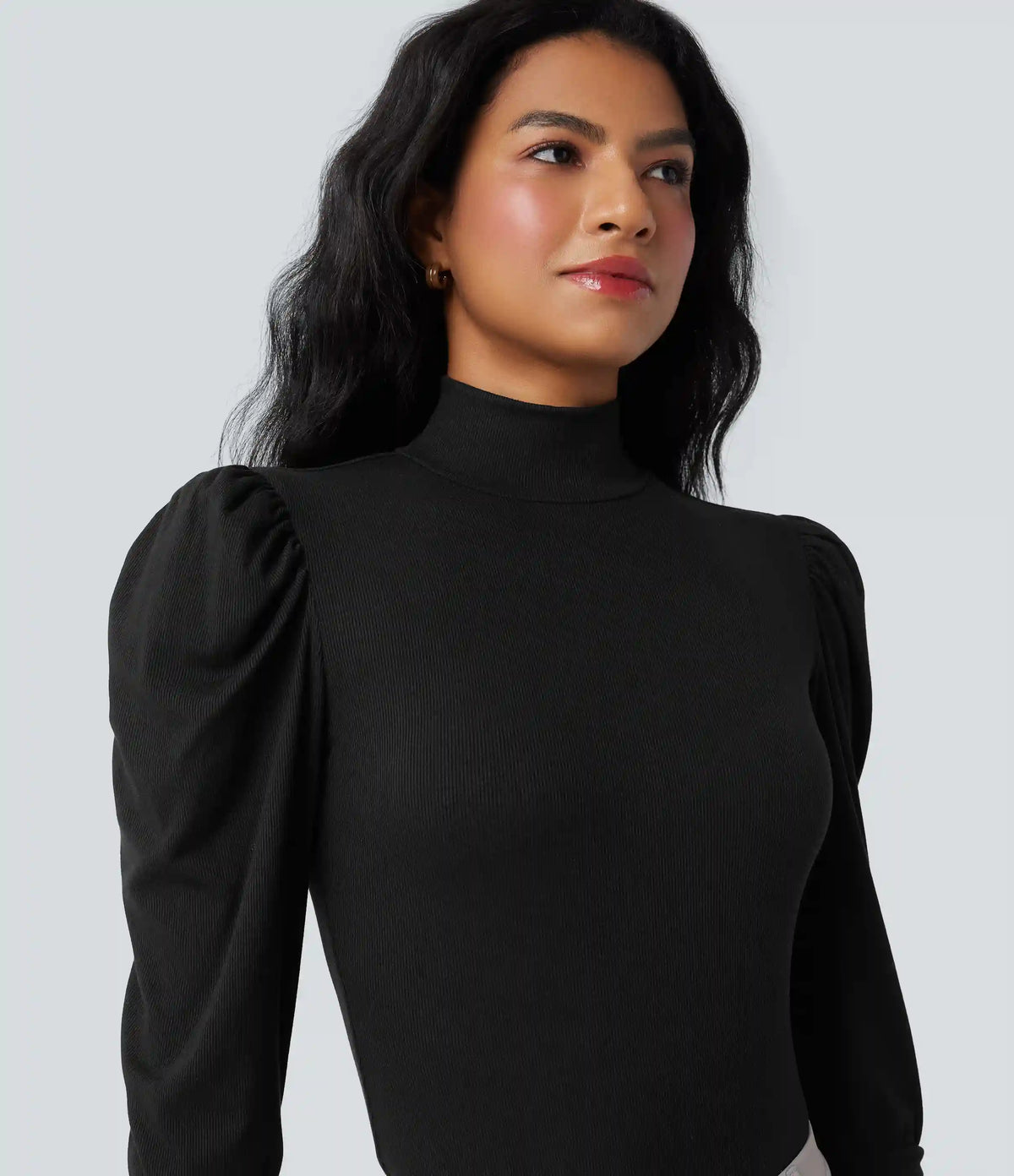 Ribbed Knit High-neck Puff Sleeve Skinny Work Bodysuit