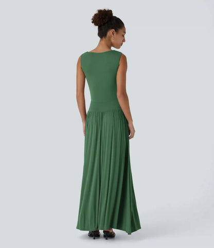 Ribbed Boat Neck Asymmetric Strap Ruched Pocket Flowy Maxi Casual Dress