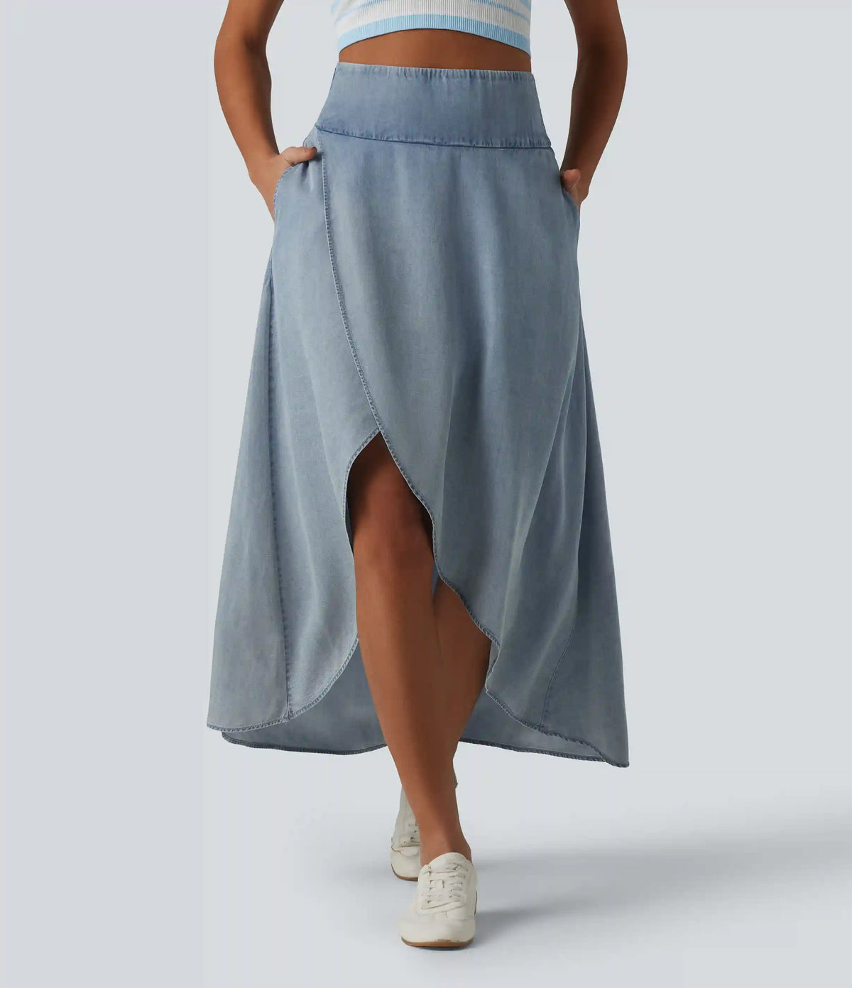 High Waisted Invisible Zipper Asymmetric Hem Midi Draped Lyocell Denim Casual Flowy Skirt with Pockets