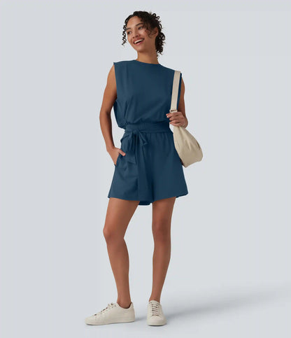 Round Neck Sleeveless Tie-front Cool Touch Casual Romper with Pockets-Easy Peezy-UPF50+