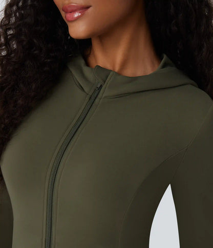 SoftlyZero™ Hooded Long Sleeve Thumb Hole Pleated Jacket with Pockets