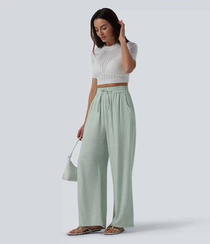 High Waisted Drawstring Wide Leg Casual Linen-Blend Pants with Pockets