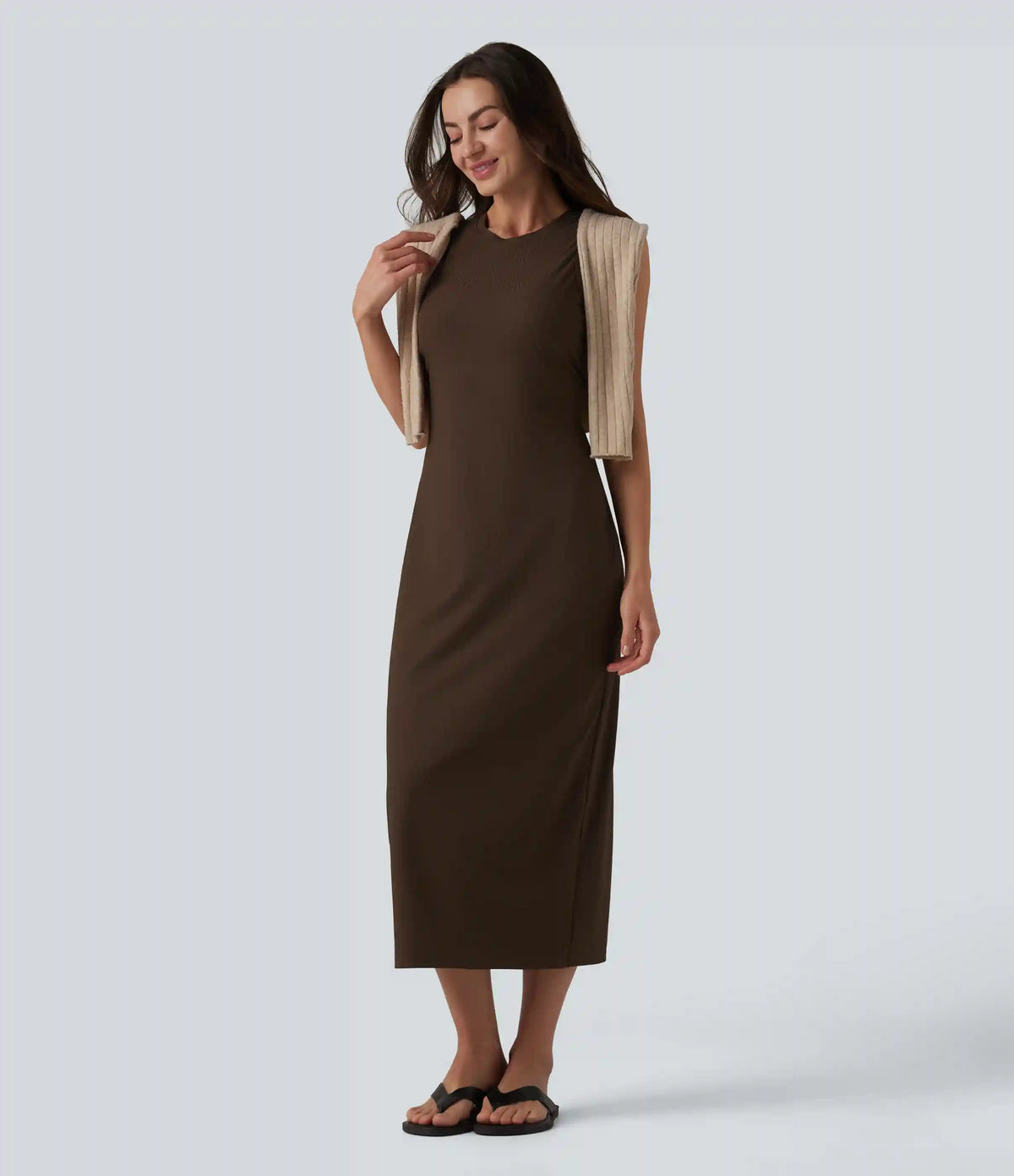 Ribbed Round Neck Sleeveless Built-in Bra Bodycon Midi Casual Dress