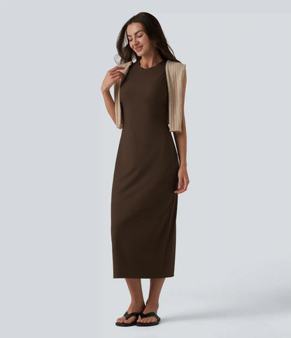 Ribbed Round Neck Sleeveless Built-in Bra Bodycon Midi Casual Dress