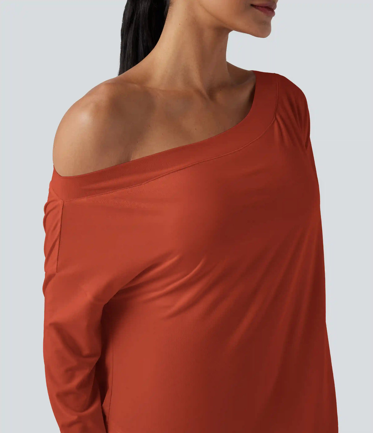 One Shoulder Long Sleeve Thumb Hole Curved Hem High Low Quick Dry Yoga Sports Top-Built-in Bra