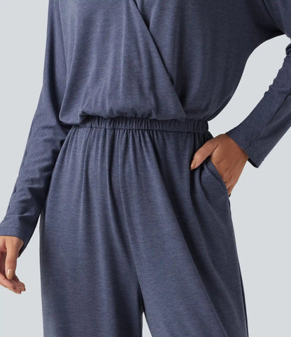 V Neck Long Sleeve Work Jumpsuit with Pockets