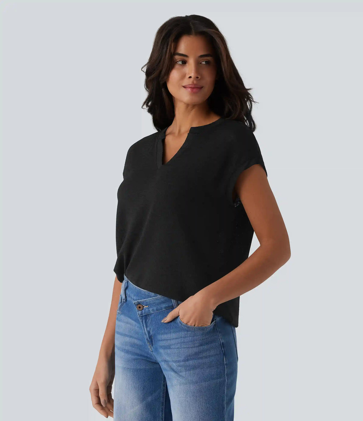 Semi Sheer Notched Short Sleeve Casual T-Shirt