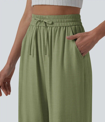 High Waisted Drawstring Wide Leg Casual Linen-Blend Pants with Pockets