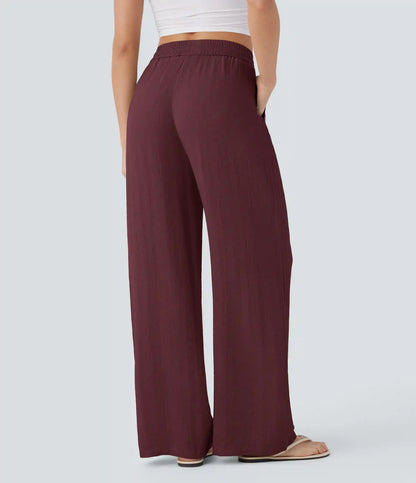 High Waisted Drawstring Pocket Wide Leg Baggy Casual Linen-Feel Pants