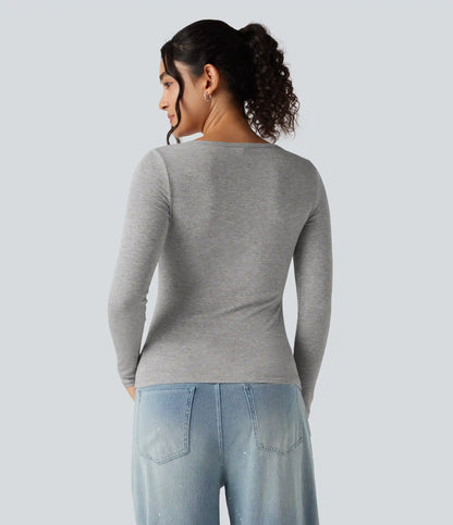Ribbed Henley Neck Long Sleeve Slim Casual T-Shirt