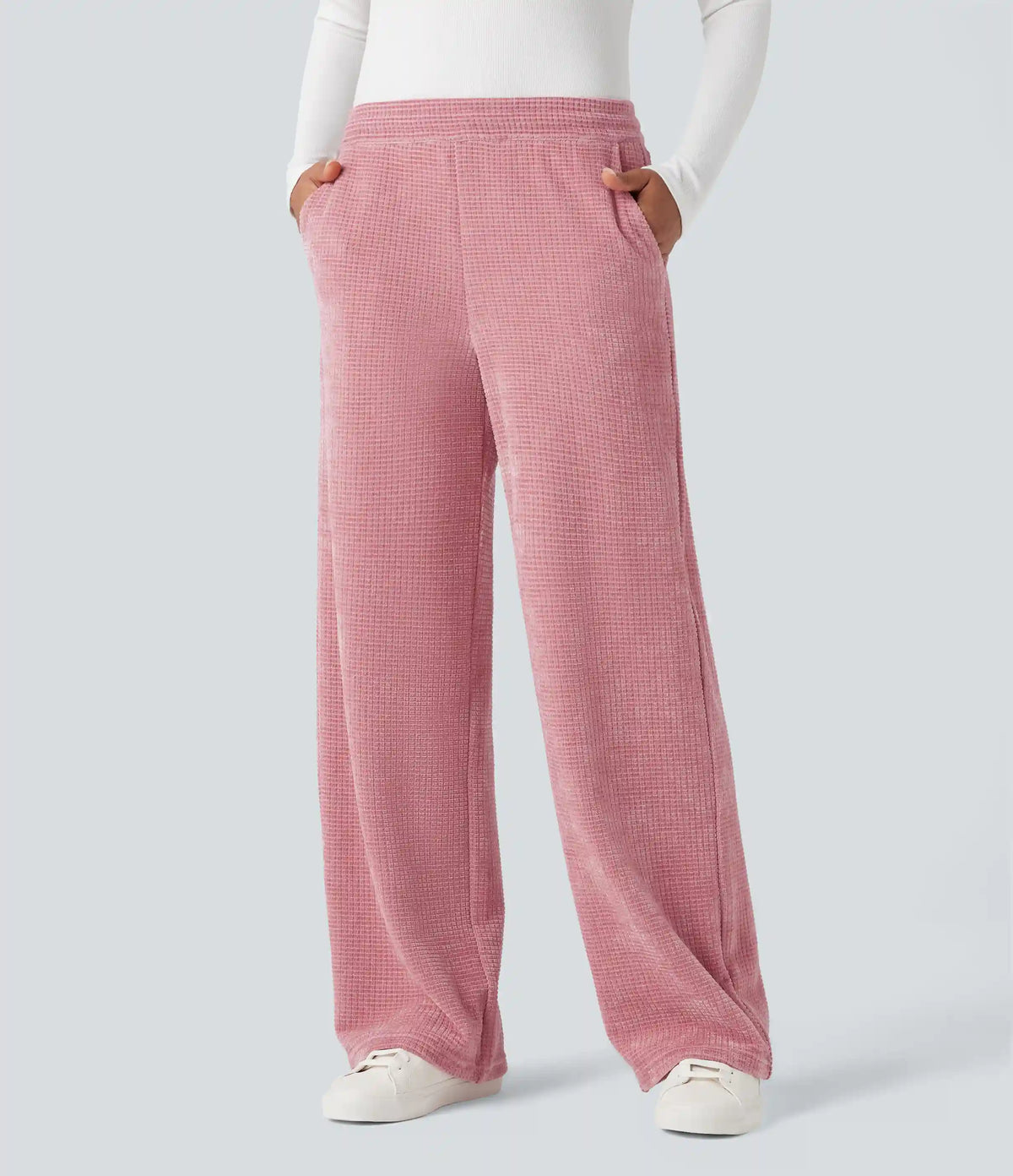 Mid Rise Chenille Waffle Casual Straight-leg Pants with Pockets