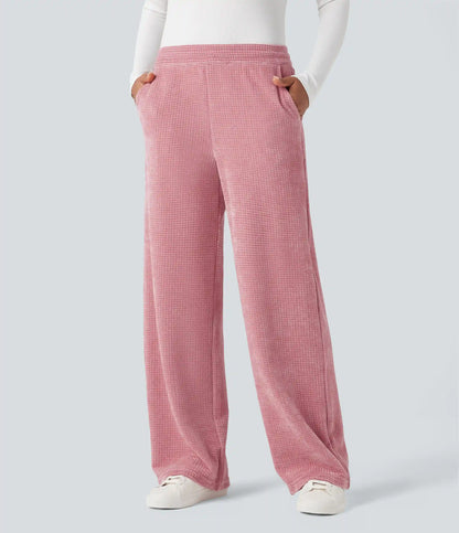 Mid Rise Chenille Waffle Casual Straight-leg Pants with Pockets